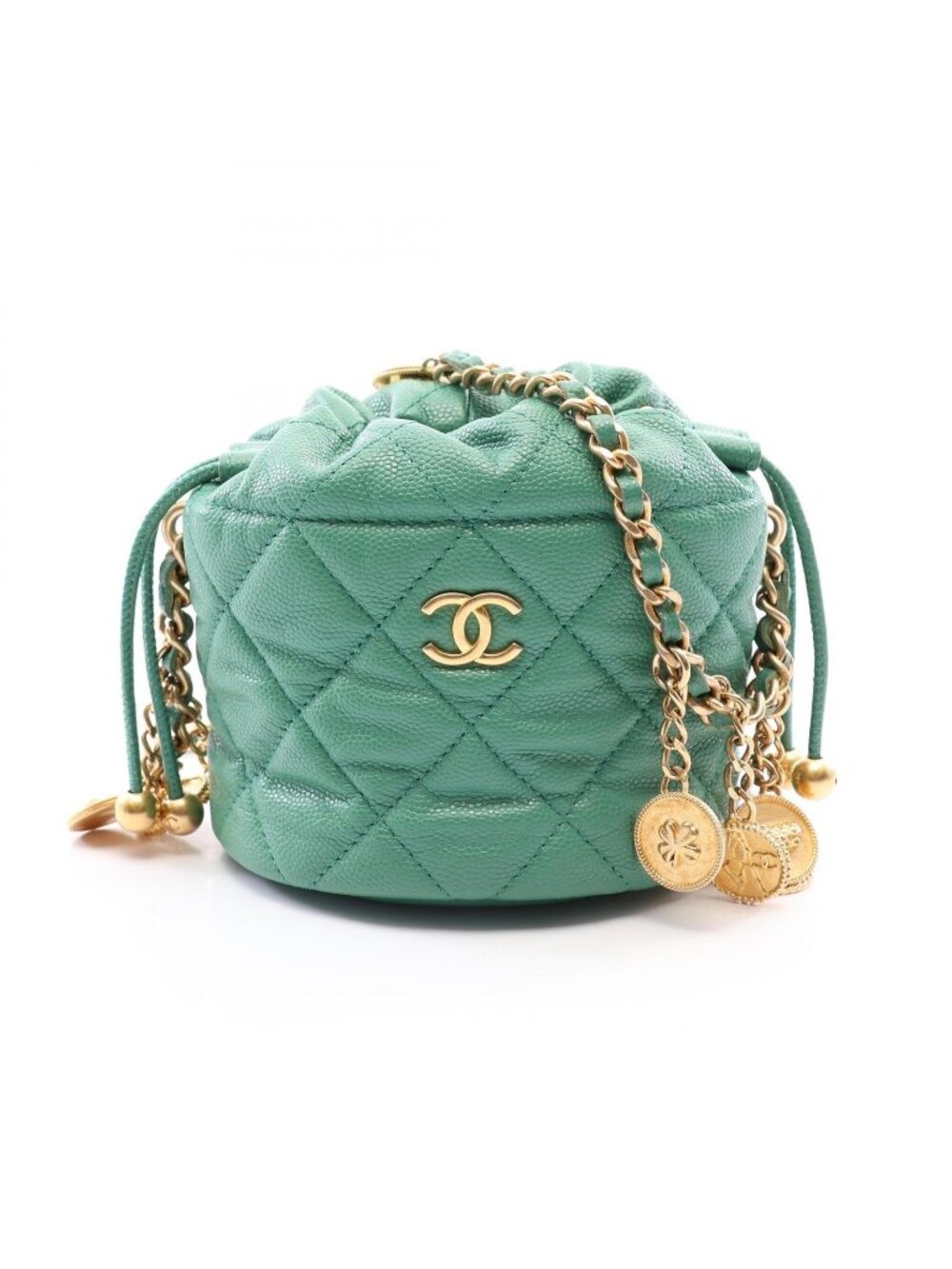 Chanel Shoulder Bag Quilted Mini Bucket Drawstring Green Caviar Leather Chain